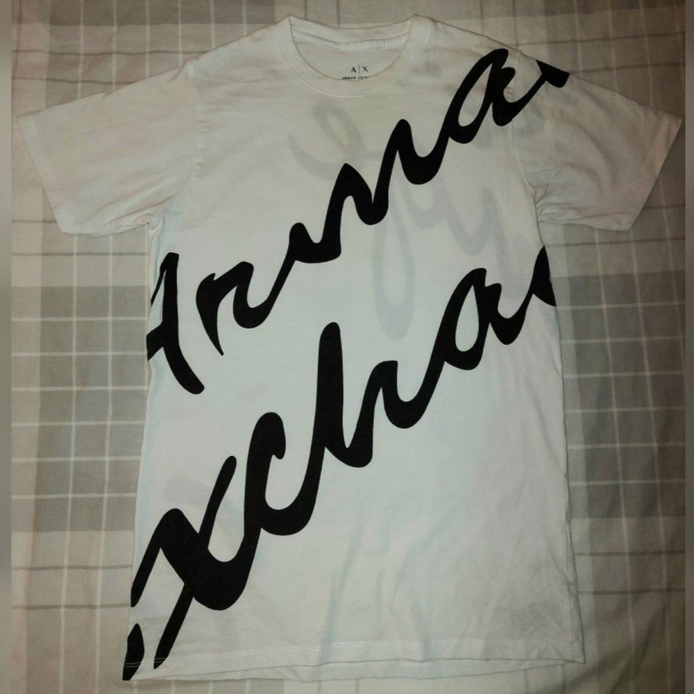 Armani Exchange Script Logo Text Black White T Shirt Mens Sz Large AUTHENTIC